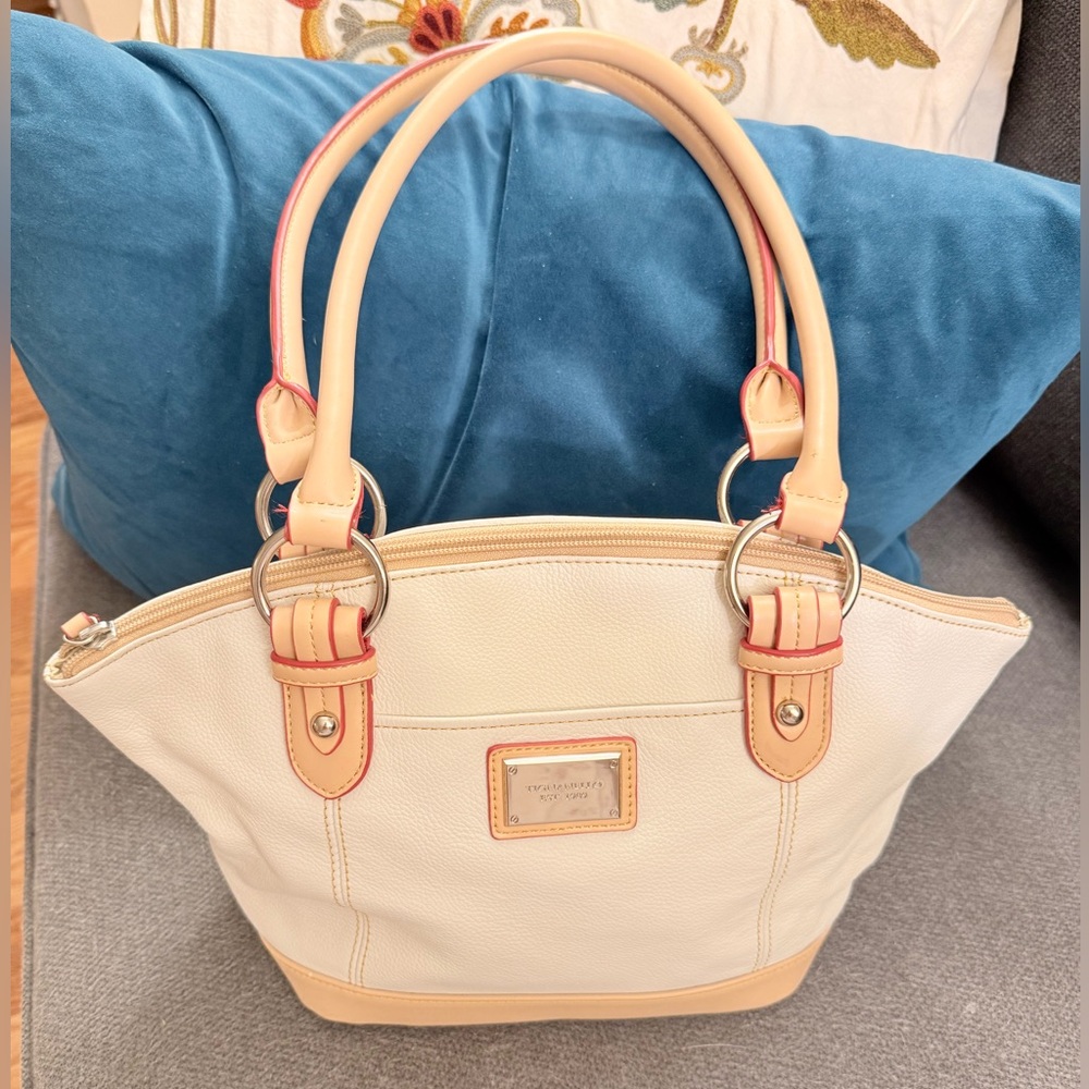 Tignanello Handbag Bone & Tan Leather Red Piping Metal Feet Like New